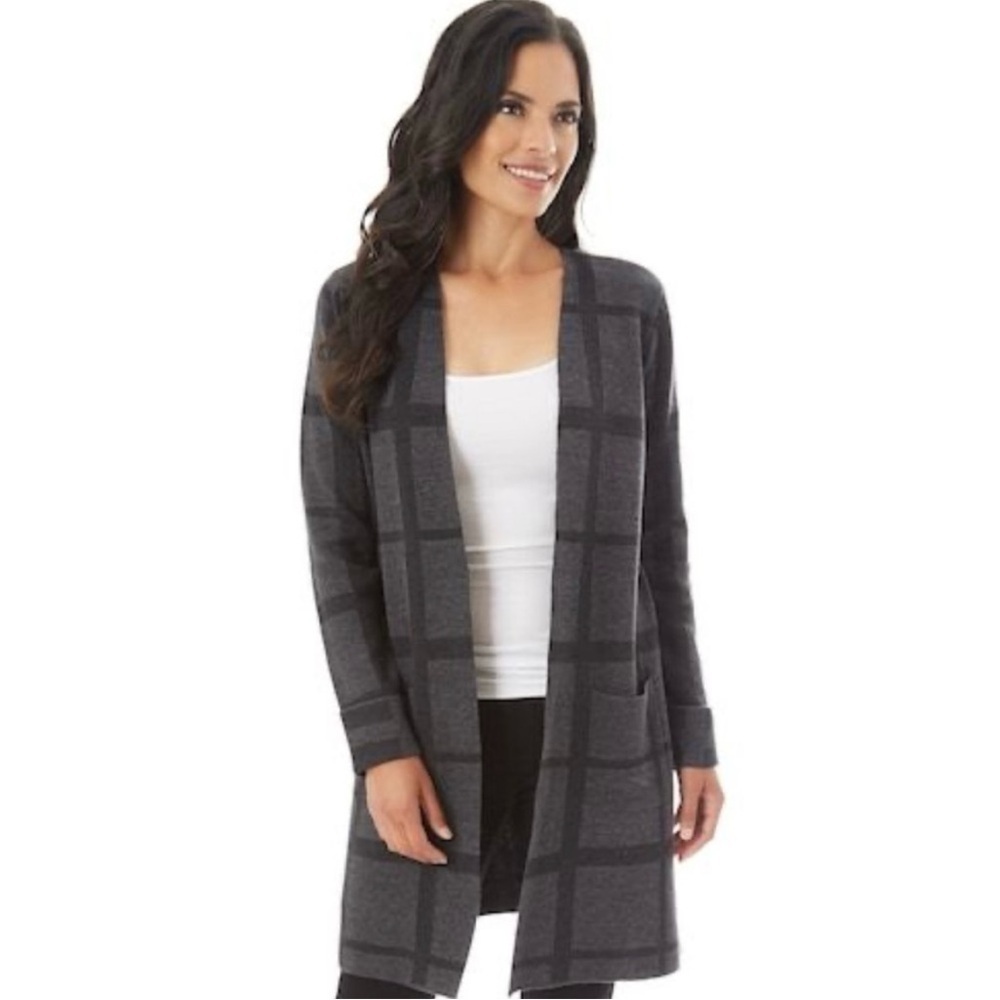 FORTUNE + IVY Womens Size XS Open Front Cardigan Dark Gray Black Checkered Plaid